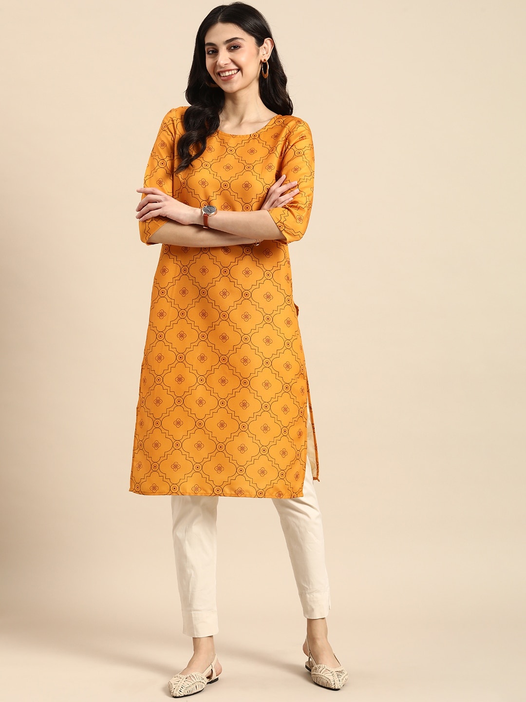 

Anouk Women Ethnic Motifs Printed Round Neck Straight Kurta, Mustard