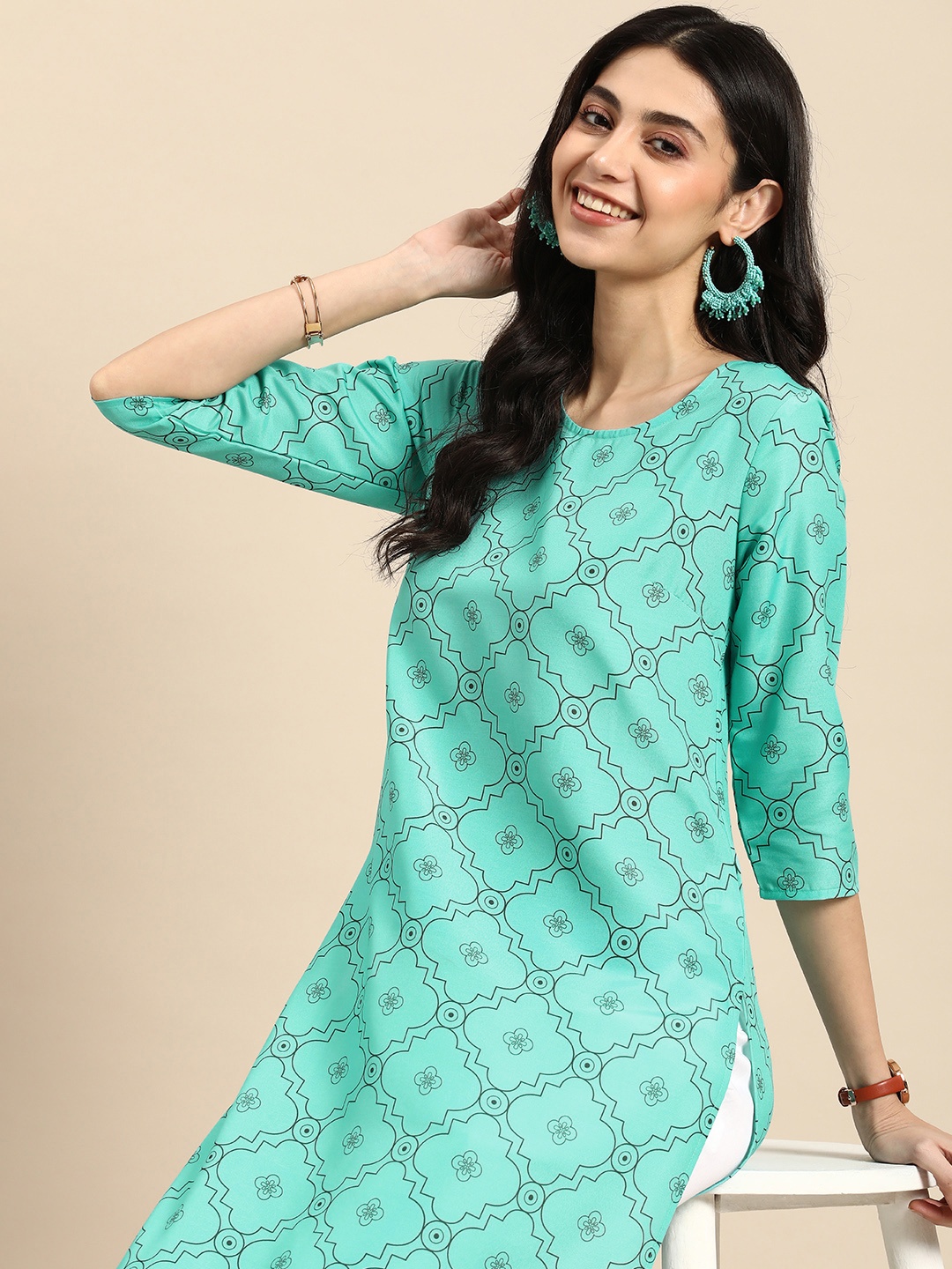 

Anouk Women Ethnic Motifs Printed Round Neck Straight Kurta, Green