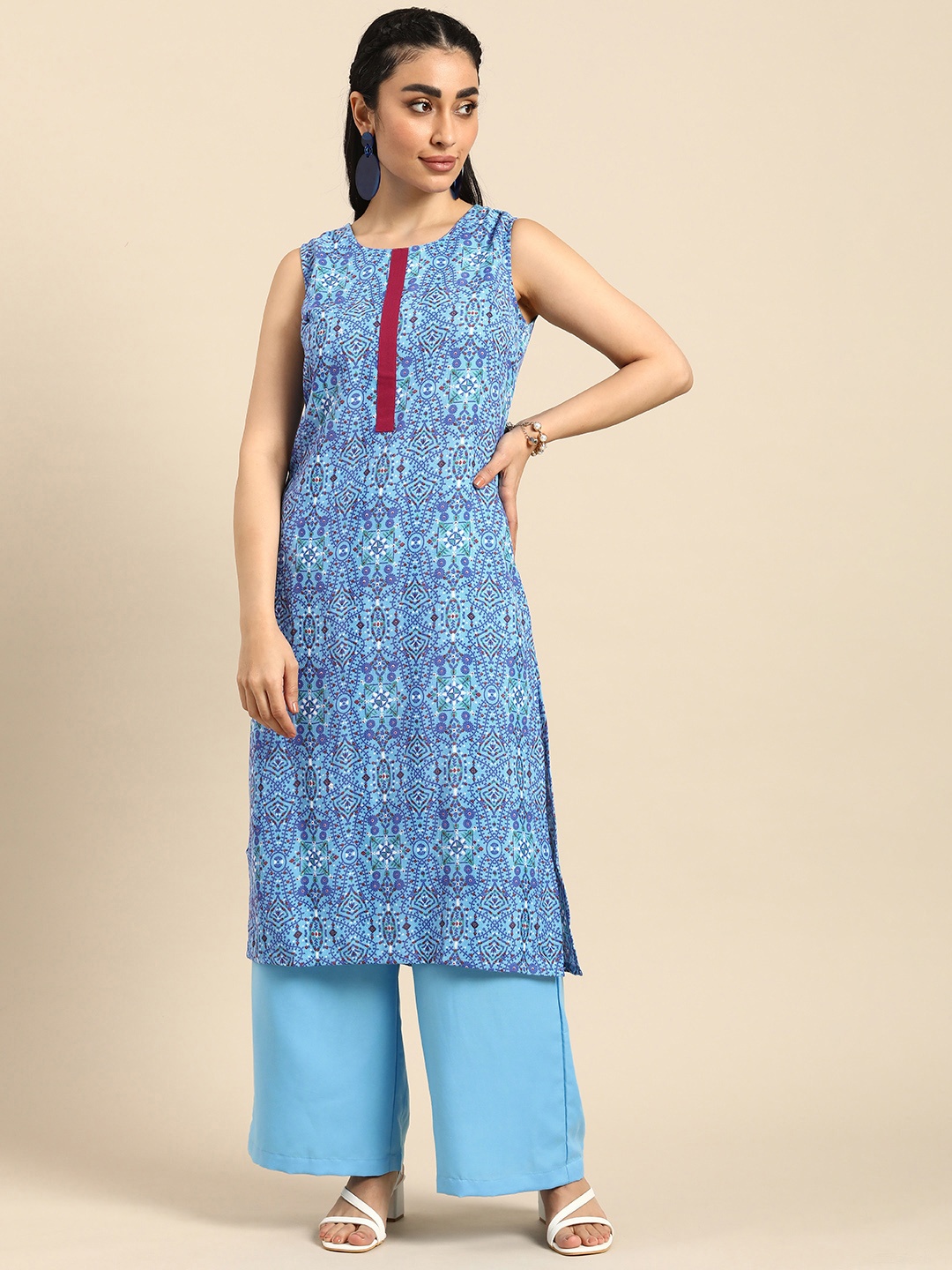 

Anouk Women Ethnic Motifs Print Regular Straight Kurta with Palazzos, Blue