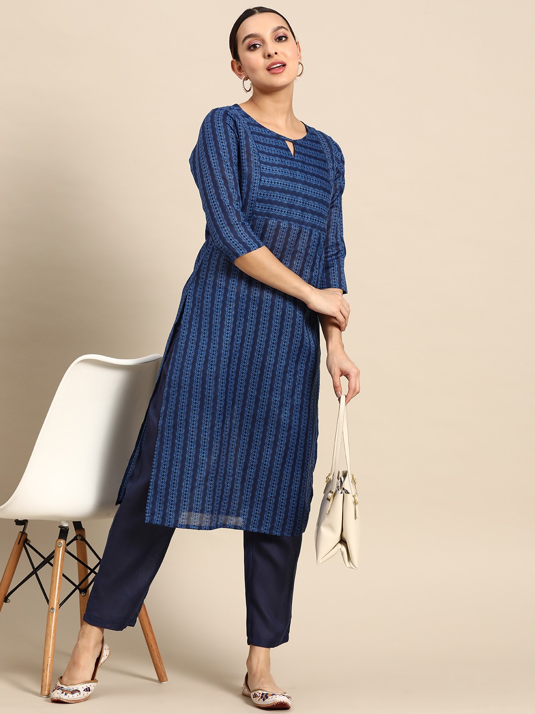 

Anouk Women Striped Kurta with Trousers, Blue