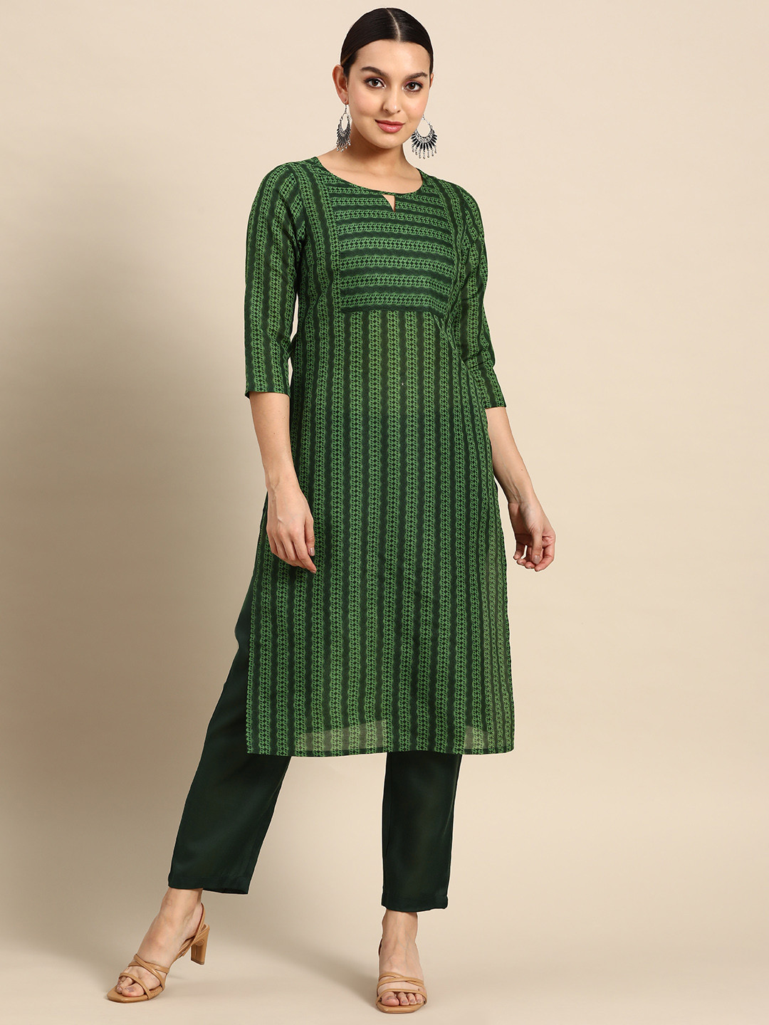 

Anouk Women Striped Kurta with Trousers, Green