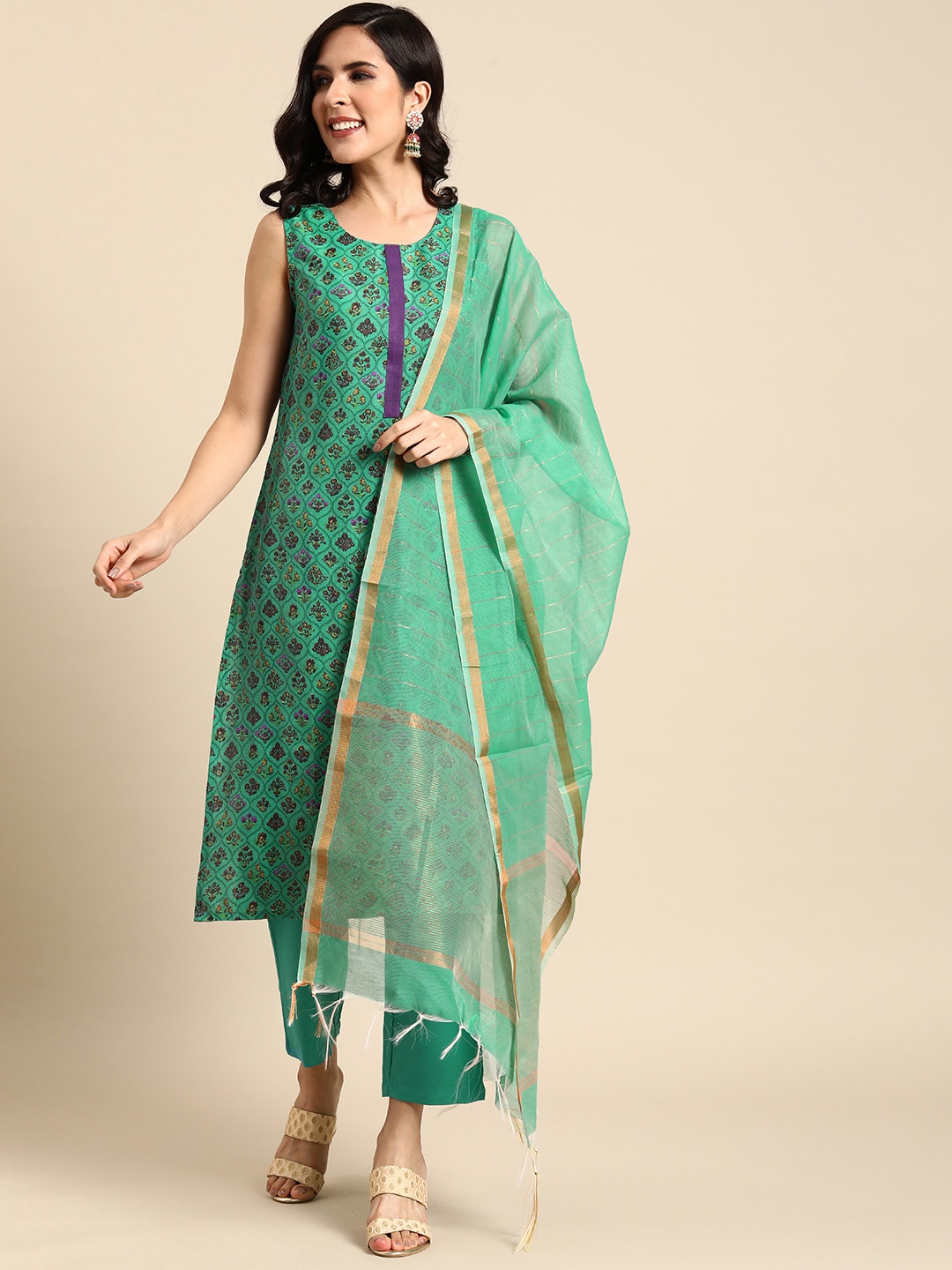 

Anouk Printed Regular Kurta with Palazzos & With Dupatta, Green