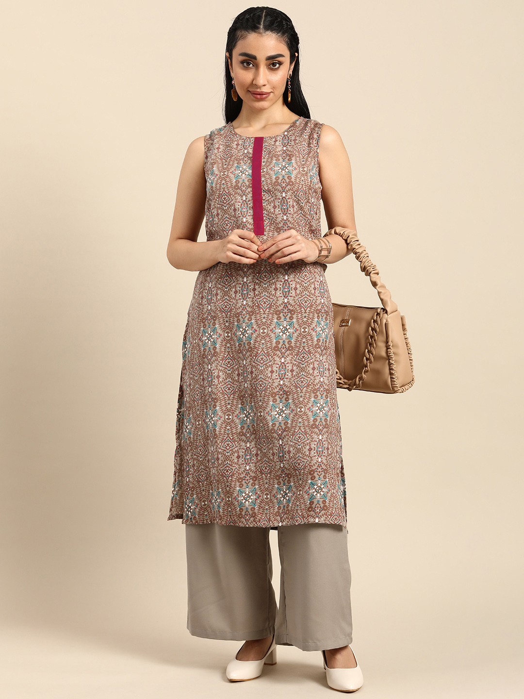 

Anouk Ethnic Motifs Printed Regular Kurta with Palazzos, Beige