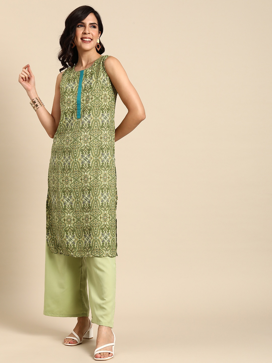 

Anouk Ethnic Motifs Printed Regular Sleeveless Kurta with Palazzos, Olive
