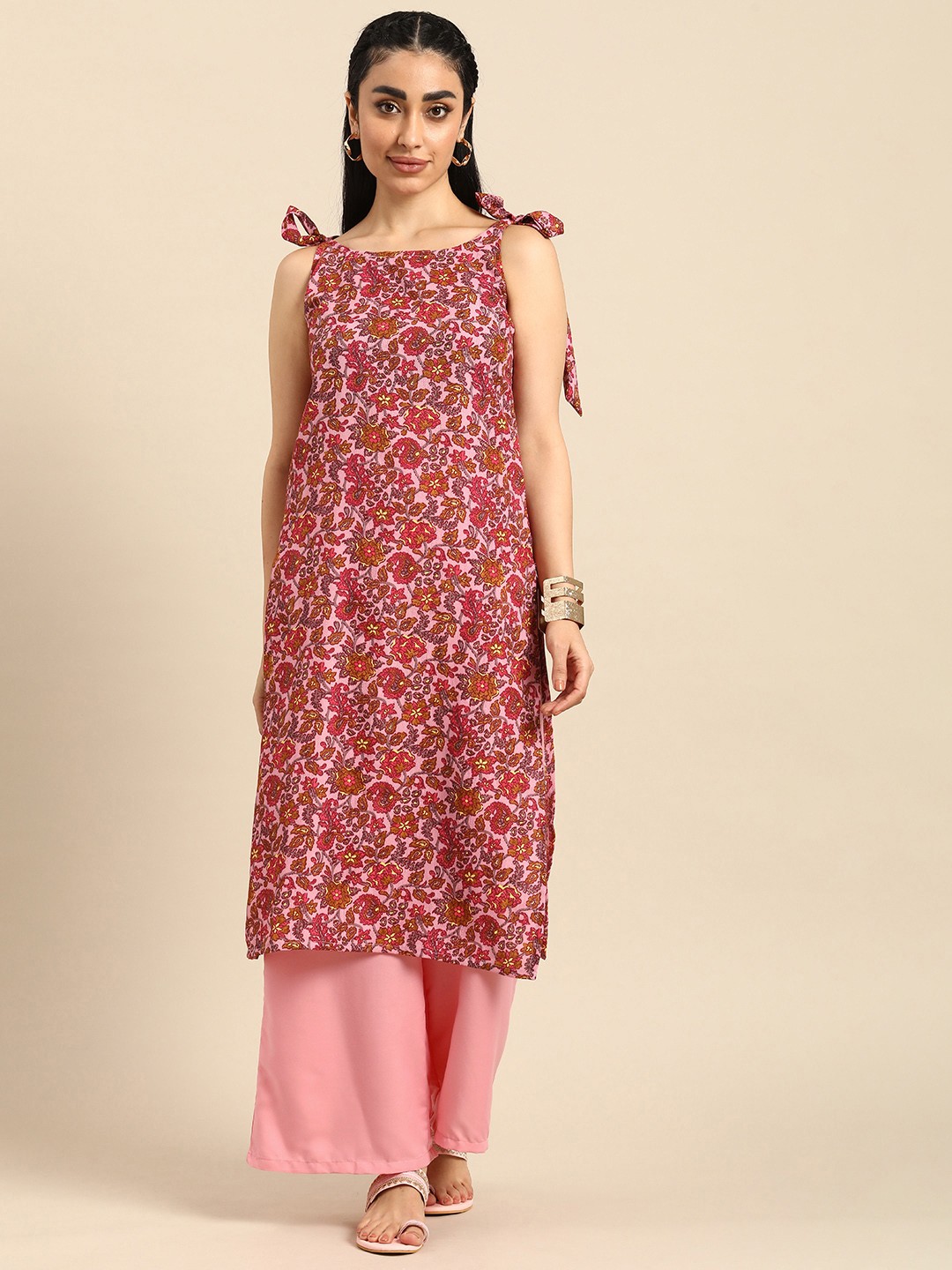 

Anouk Women Floral Print Tie-Up Neck Regular Straight Kurta with Palazzos, Pink