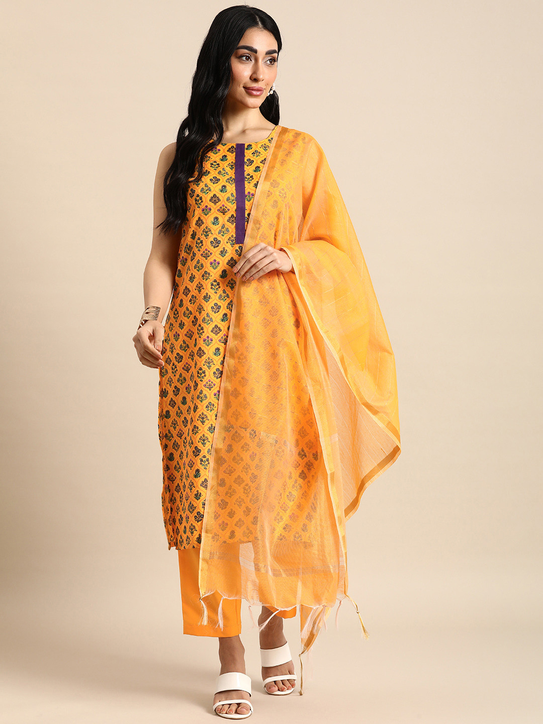 

Anouk Ethnic Motifs Printed Regular Kurta with Trousers & Dupatta, Mustard