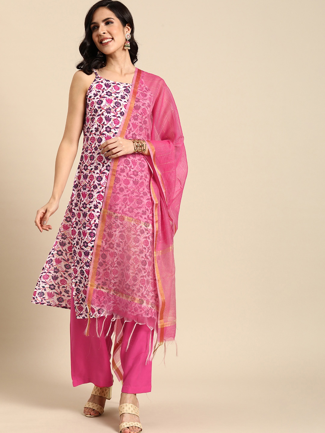 

Anouk Floral Printed Regular Kurta with Palazzos & With Dupatta, White