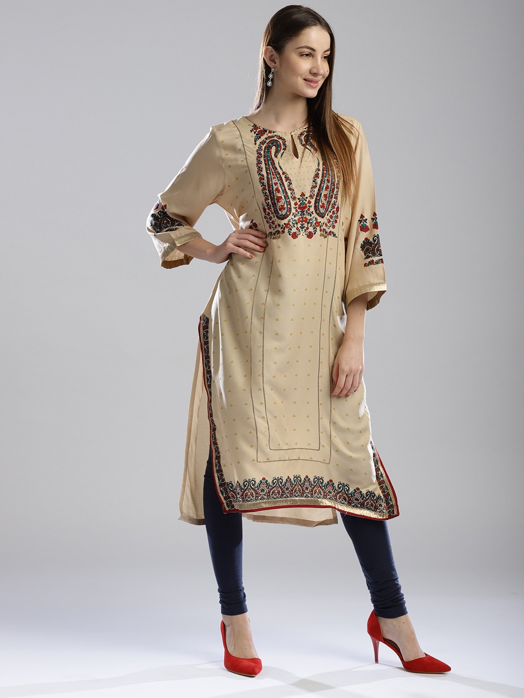 

W Women Beige Printed Straight Kurta