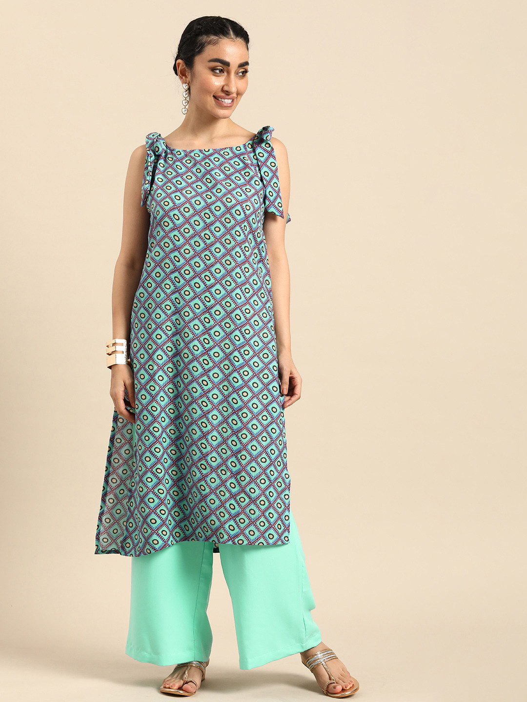 

Anouk Women Geometric Printed Kurta with Palazzos, Green