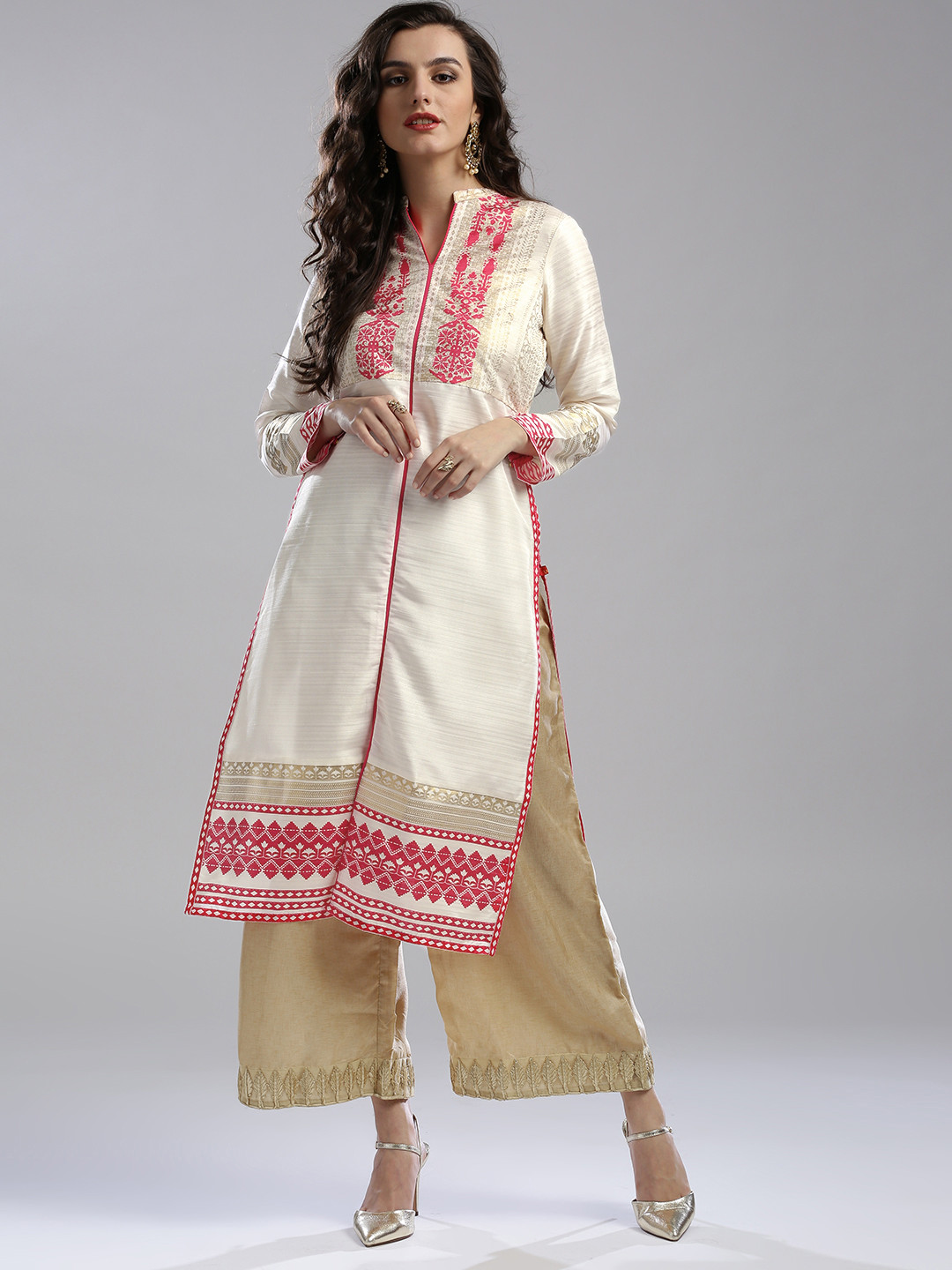 

W Women Off-White & Pink Printed Straight Kurta