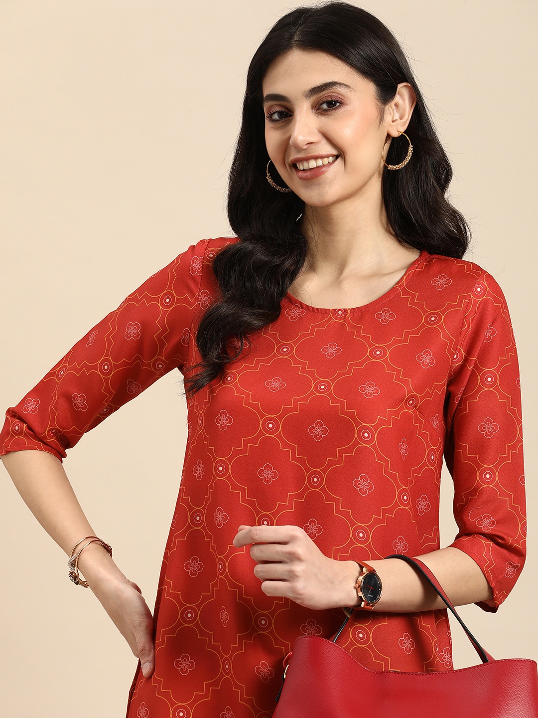 

Anouk Women Ethnic Motifs Printed Round Neck Straight Kurta, Rust