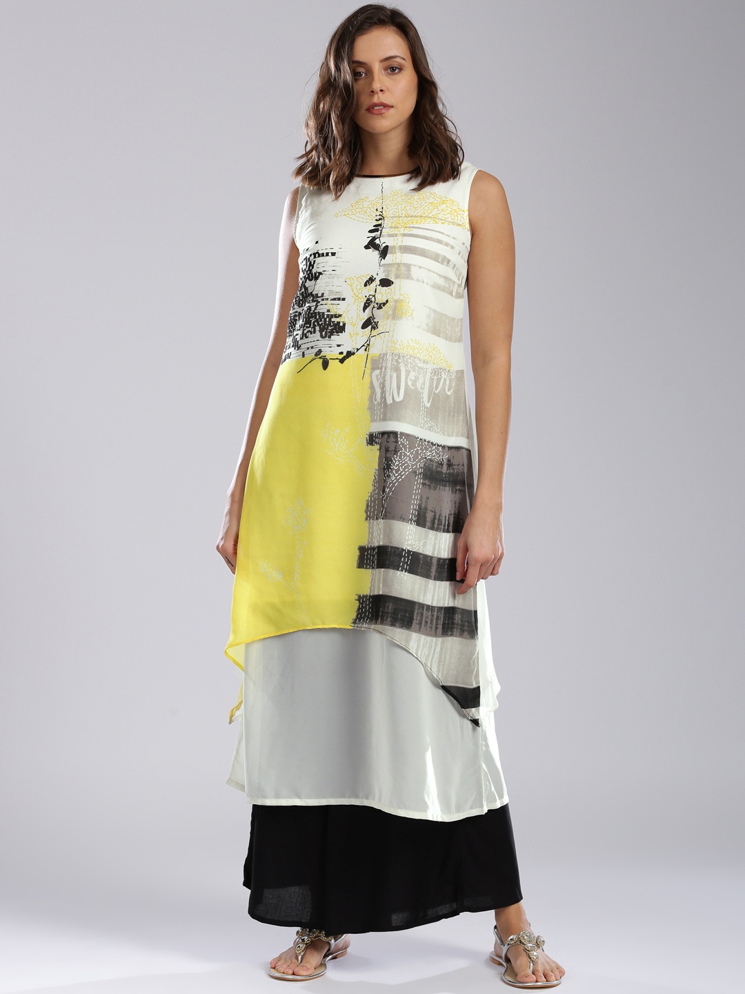 

W Women Yellow & White Printed Layered Kurta