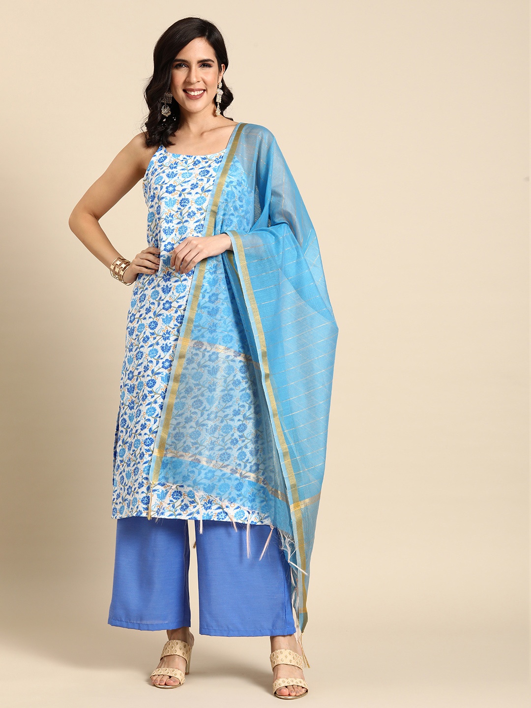 

Anouk Floral Printed Regular Sleeveless Kurta with Palazzos & Dupatta, Blue