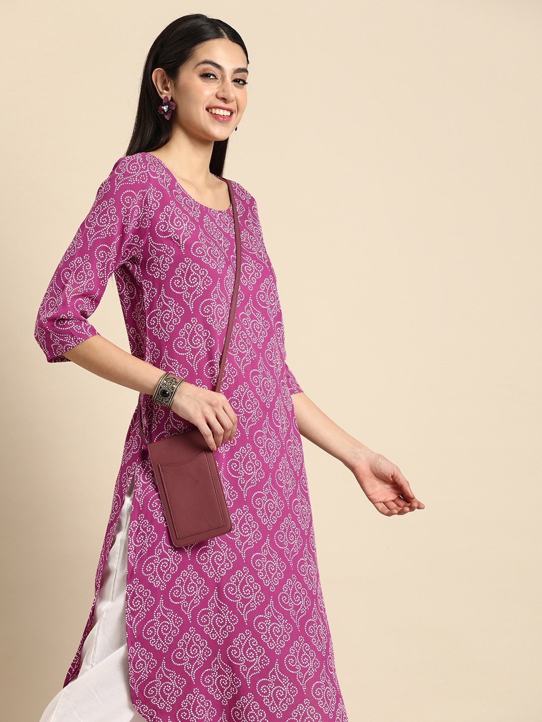 

Anouk Women Bandhani Printed Straight Kurta, Pink