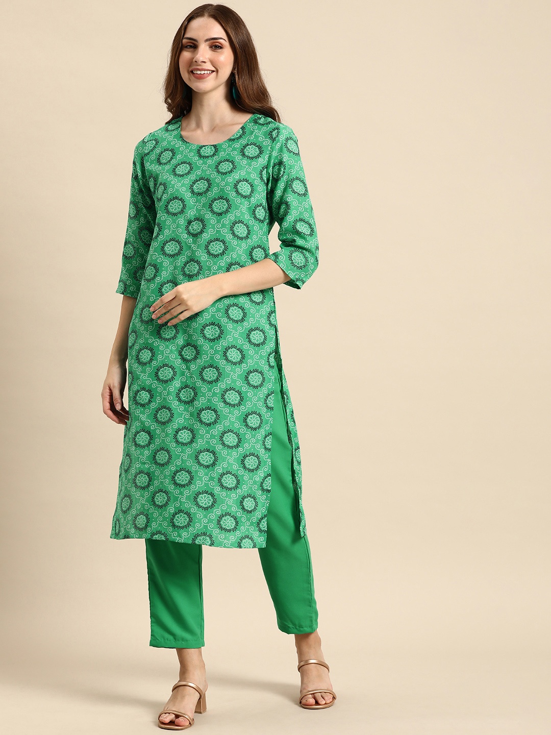 

Anouk Women Round Neck Bandhani Printed Kurta with Trousers, Green