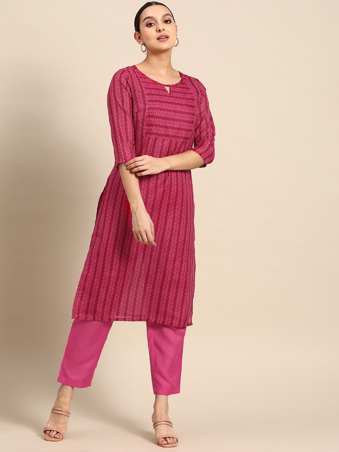 

Anouk Women Striped Kurta with Trousers, Pink