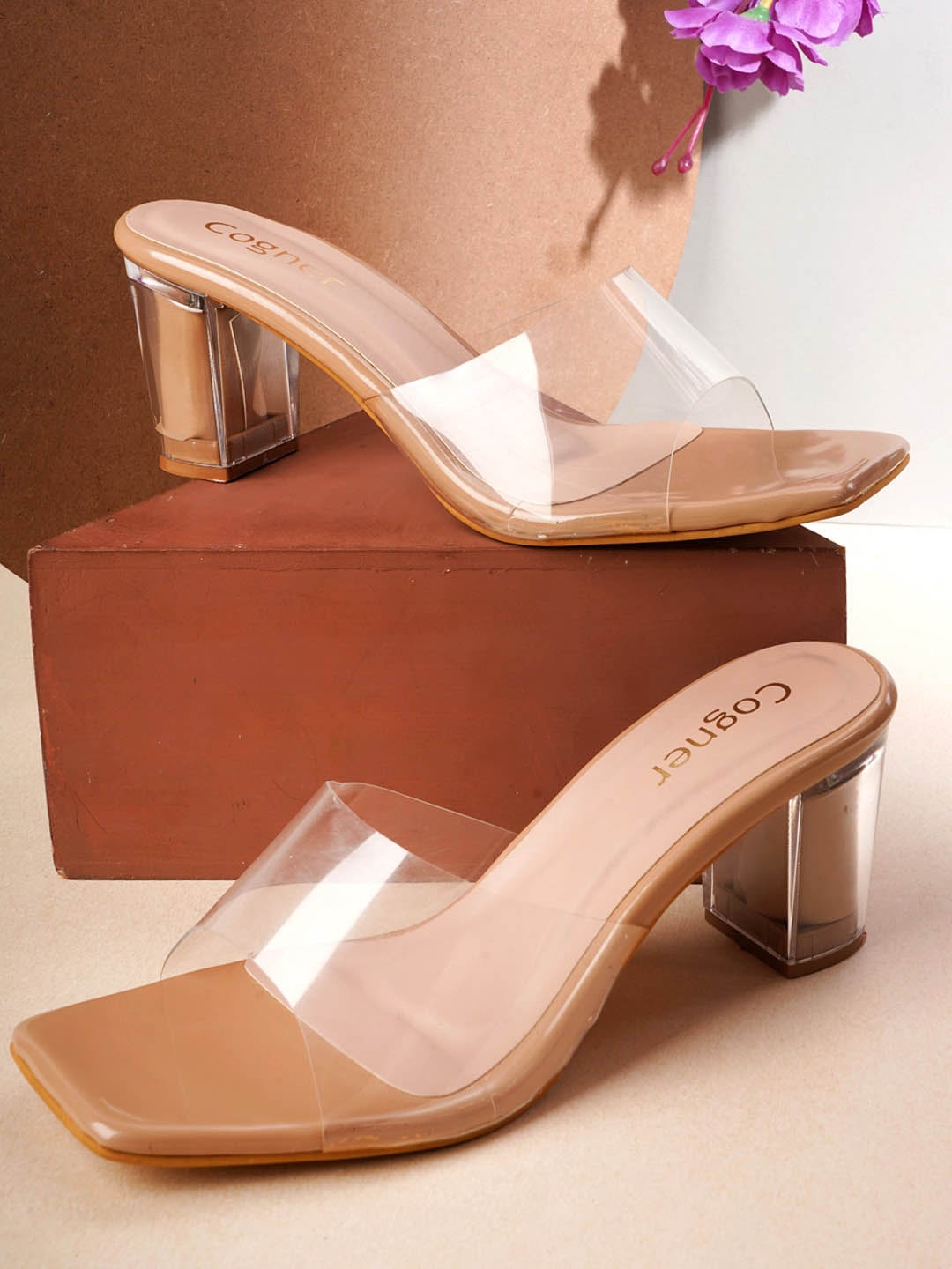 

Cogner Open Toe Block Heels, Beige