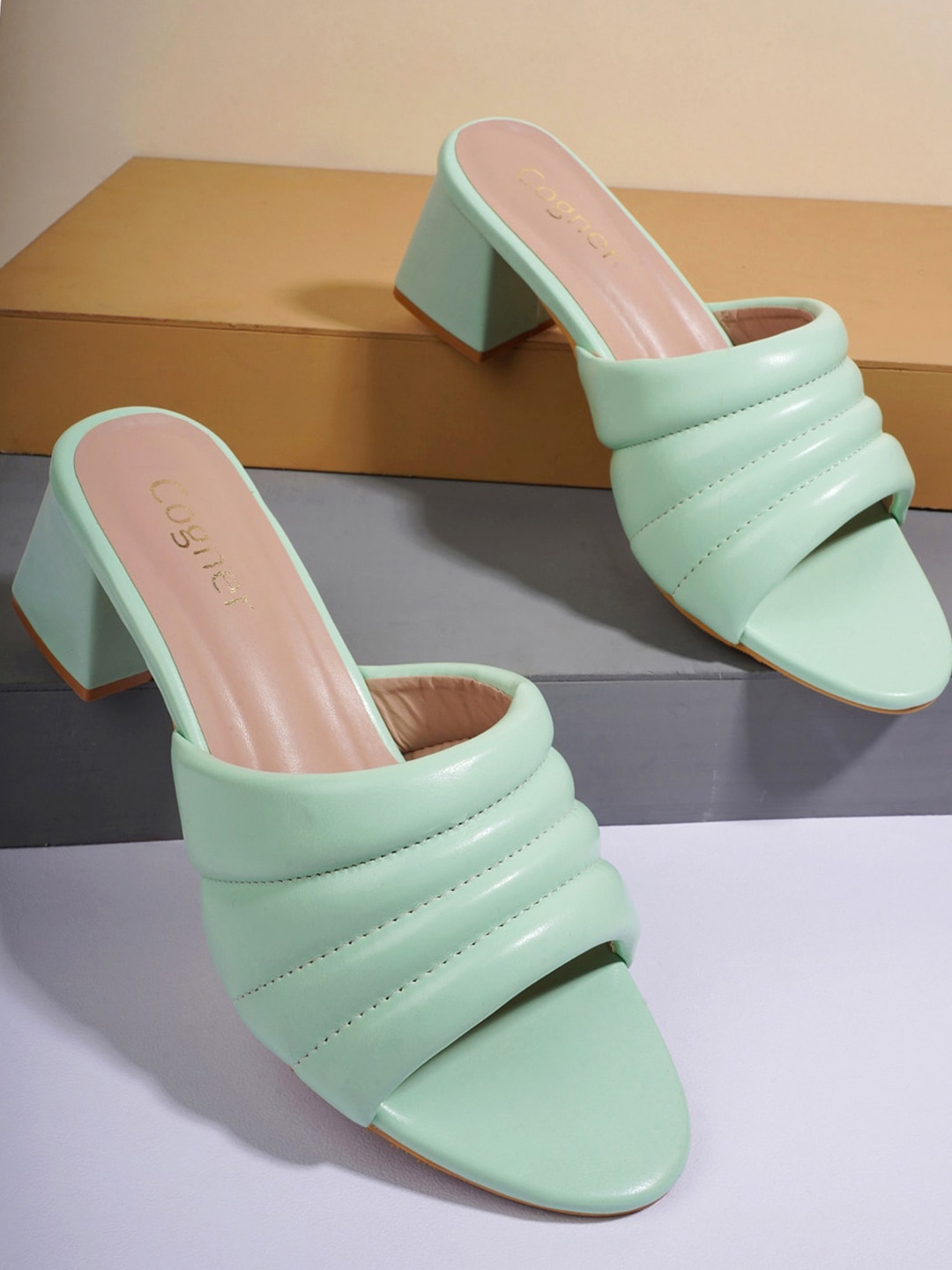 

Cogner Women Peep Toes Block Heels, Green