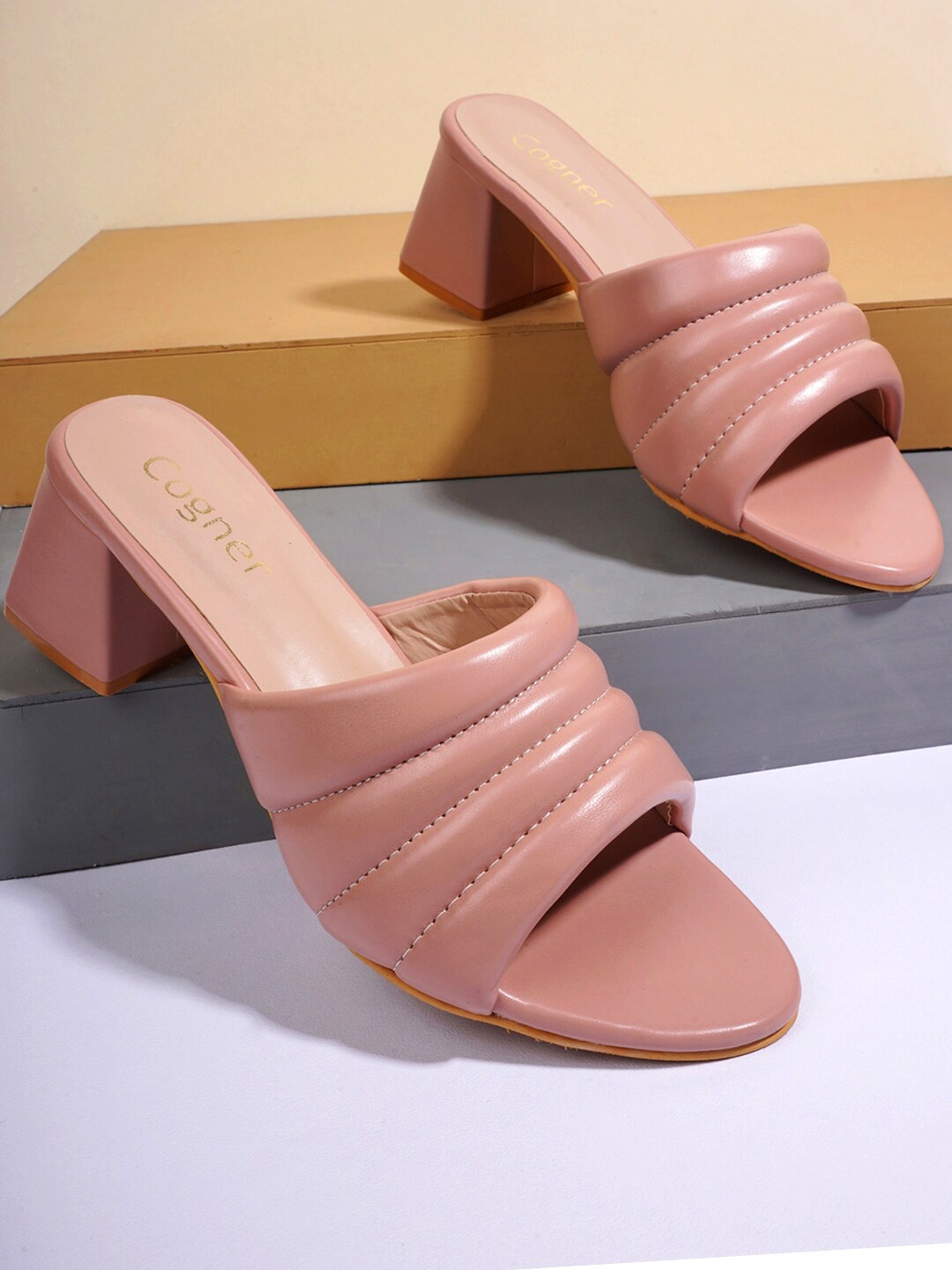

Cogner Open Toe Block Heels, Beige