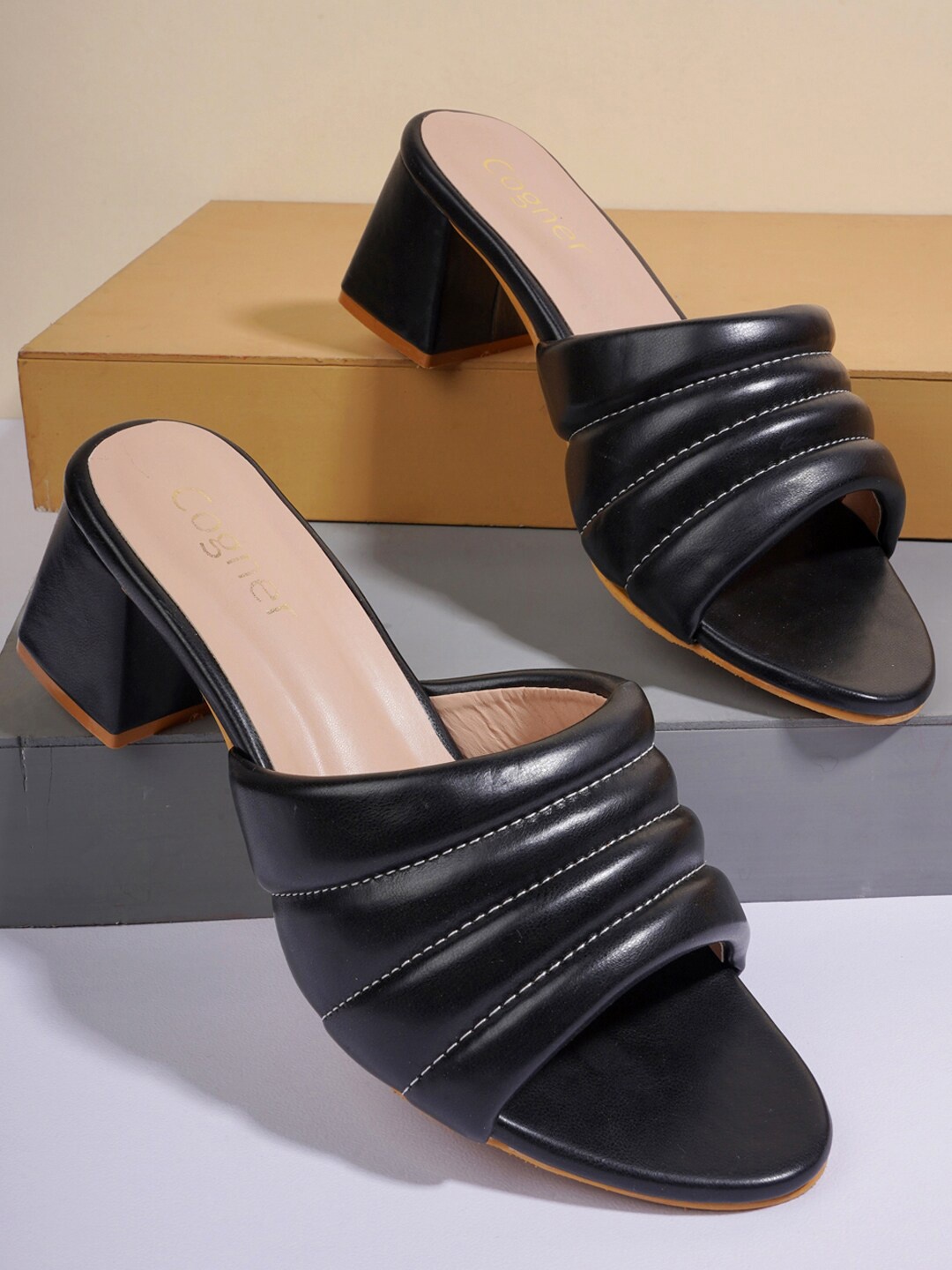 

Cogner Open Toe Block Heels, Black