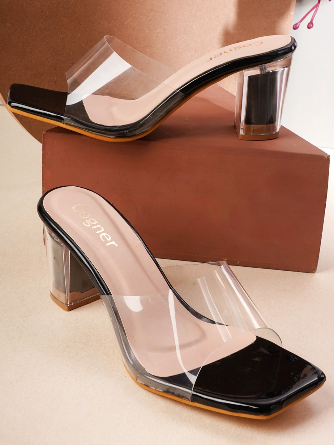 

Cogner Synthetic Patent Open Toe Block Heels, Black