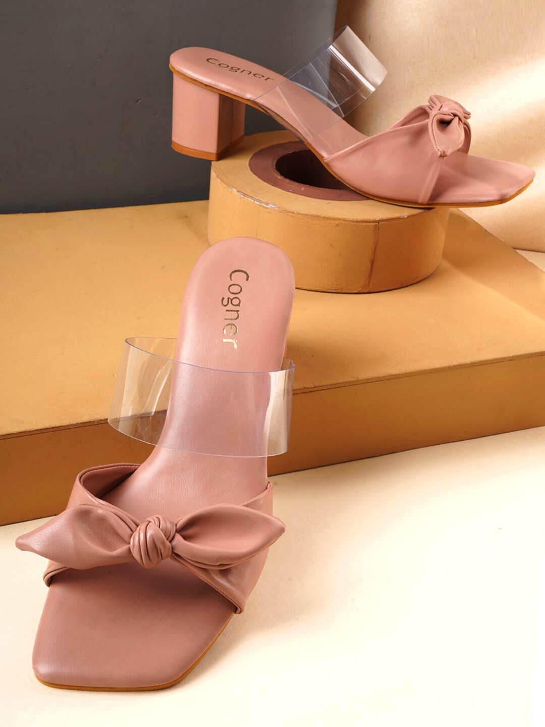 

Cogner Synthetic Leather Open Toe Bow Detail Block Heels, Beige