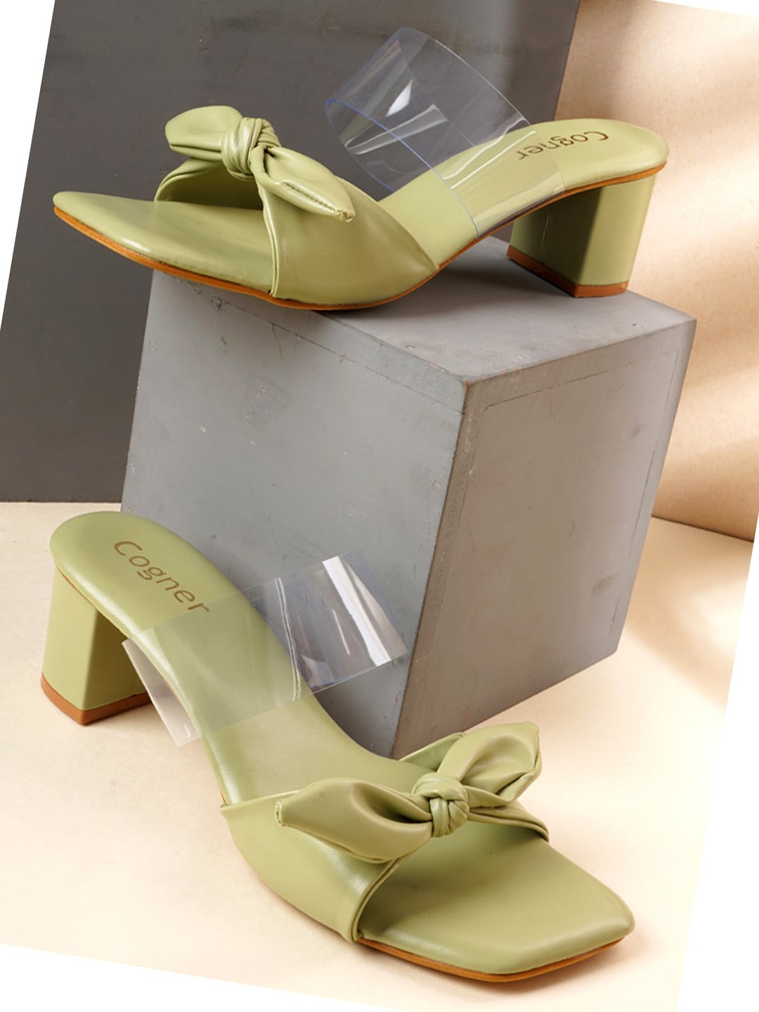 

Cogner Synthetic Leather Open Toe Bow Detail Block Heels, Olive