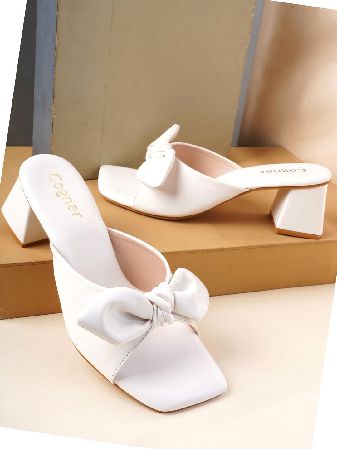 

Cogner Synthetic Leather Open Toe Bow Detail Block Heels, White
