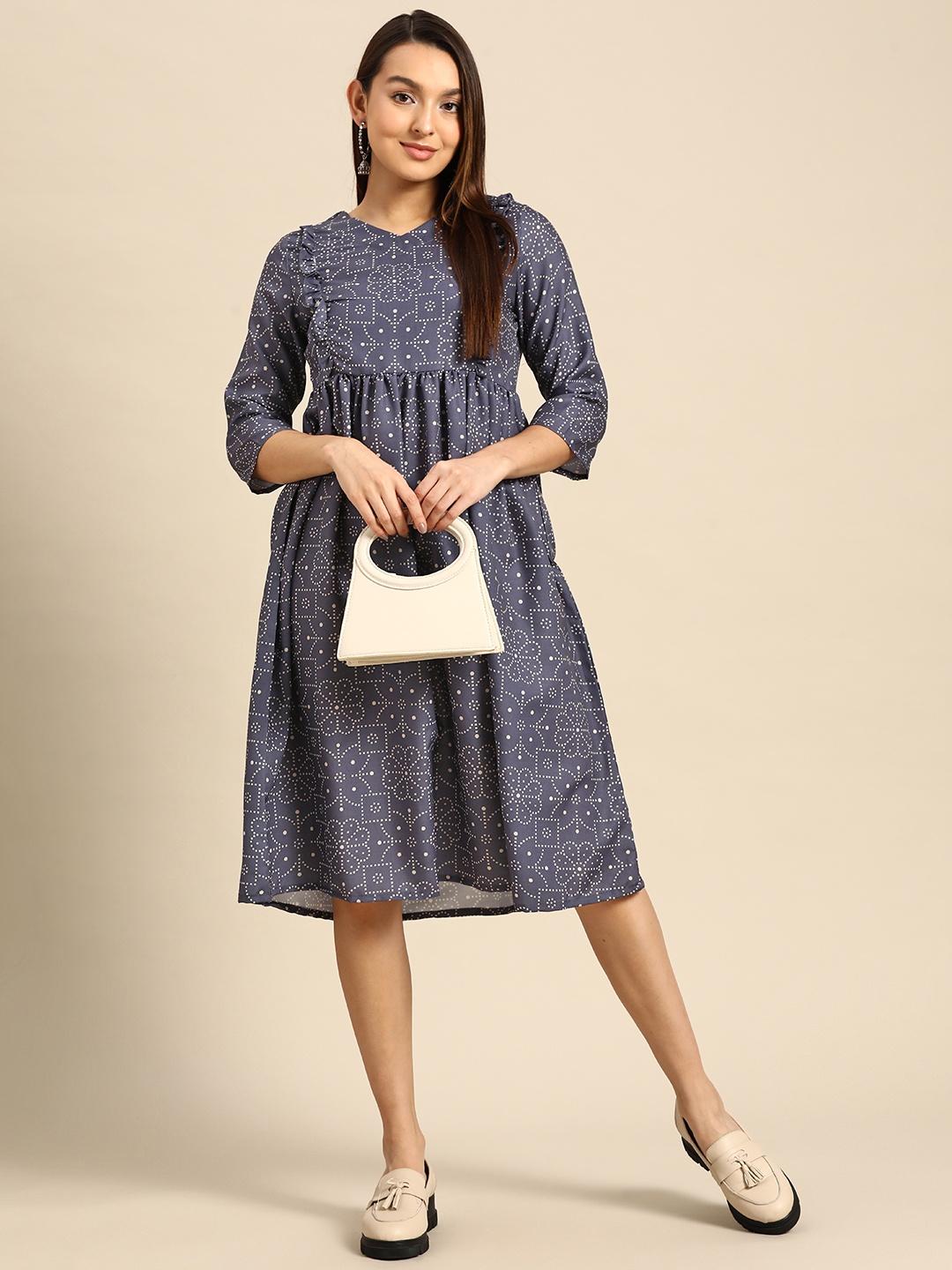 

Anouk Printed Frilled Detail Gathered Waist Midi A-Line Dress, Charcoal