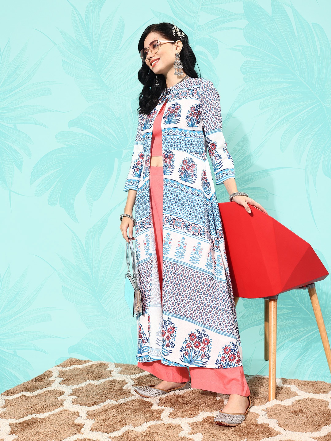 

Anouk Women Solid Top with Palazzos & Printed Longline Jacket, Blue
