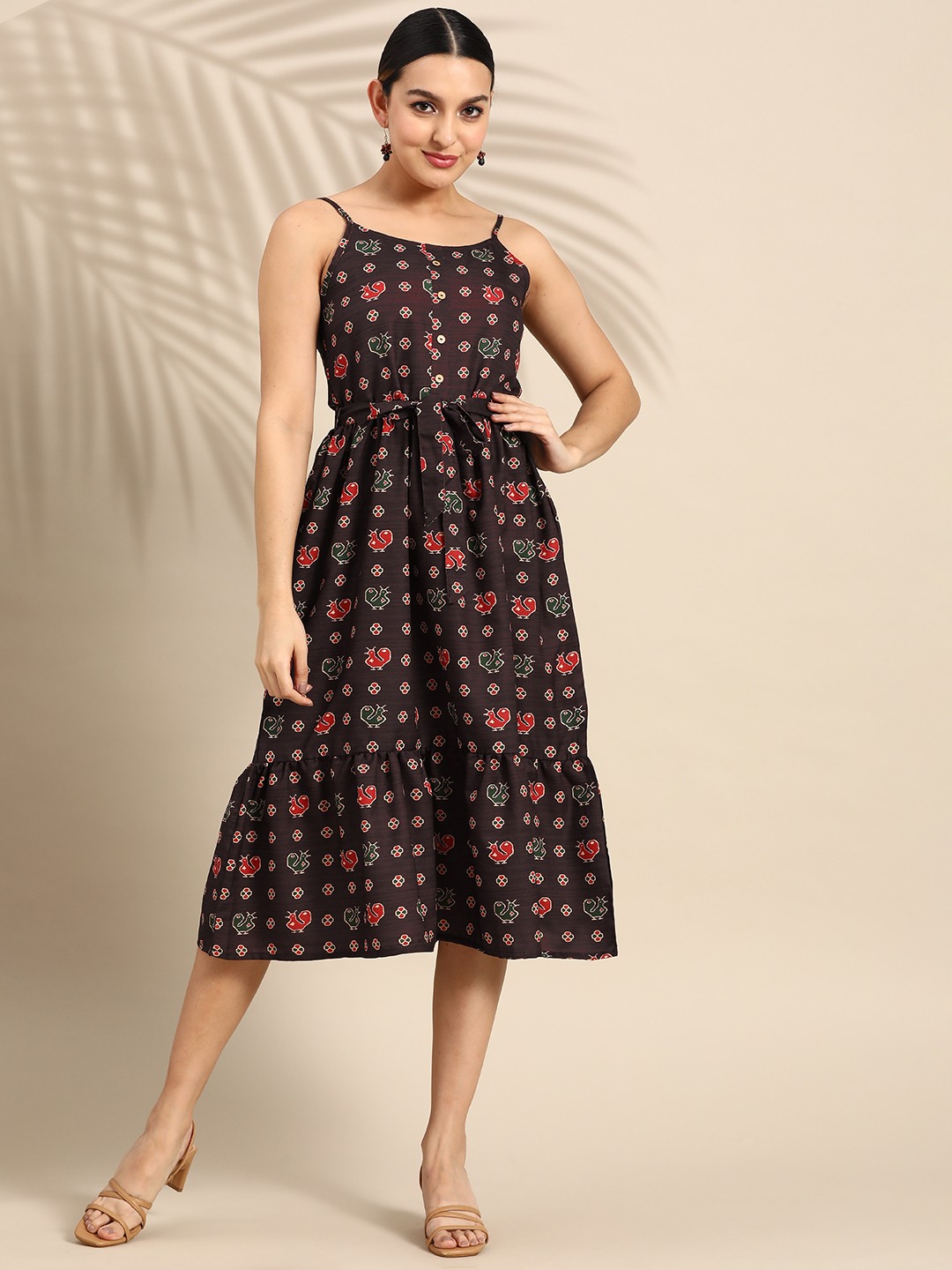 

Anouk Ethnic Motifs Printed A-Line Midi Dress with Belt, Coffee brown