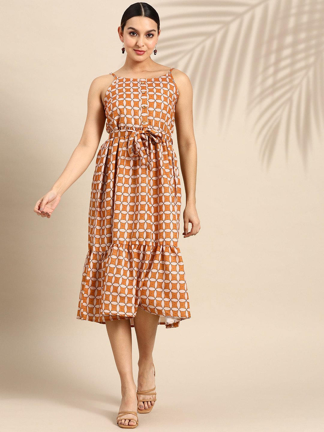 

Anouk Geometric Printed A-Line Midi Dress with Belt, Mustard