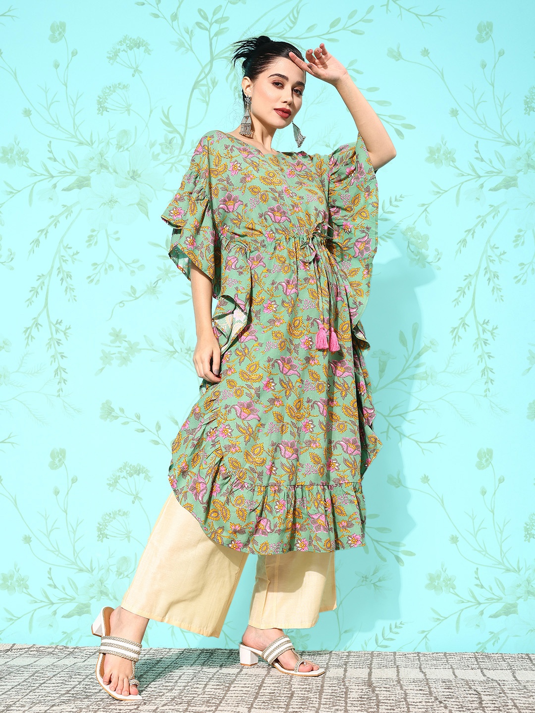 

Anouk Women Floral Print Ruffled Kaftan Kurta, Green