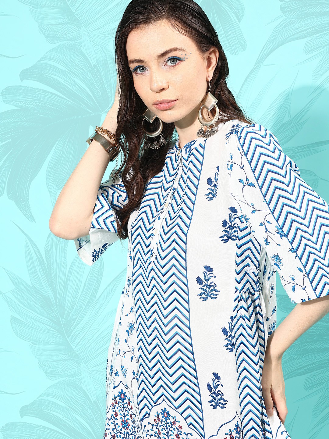 

Anouk Pearl White Printed Edo Porcelian A-Line Fusion Top