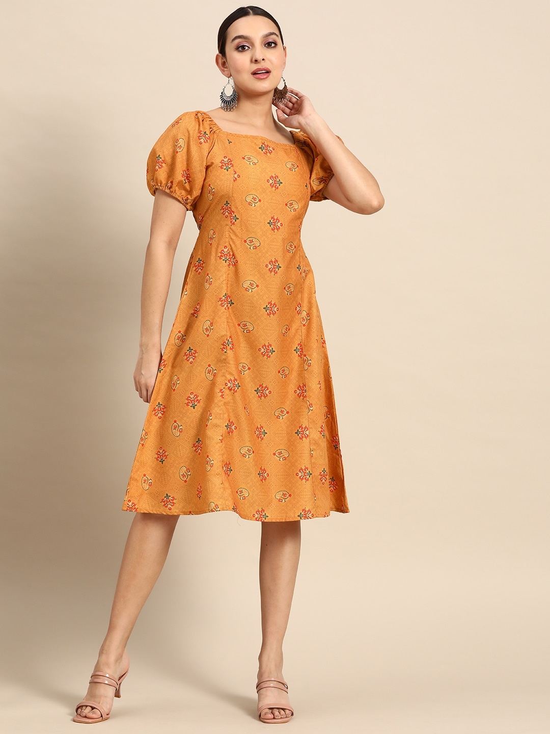 

Anouk Ethnic Print Square Neck Cut-Out Back A-Line Dress, Mustard