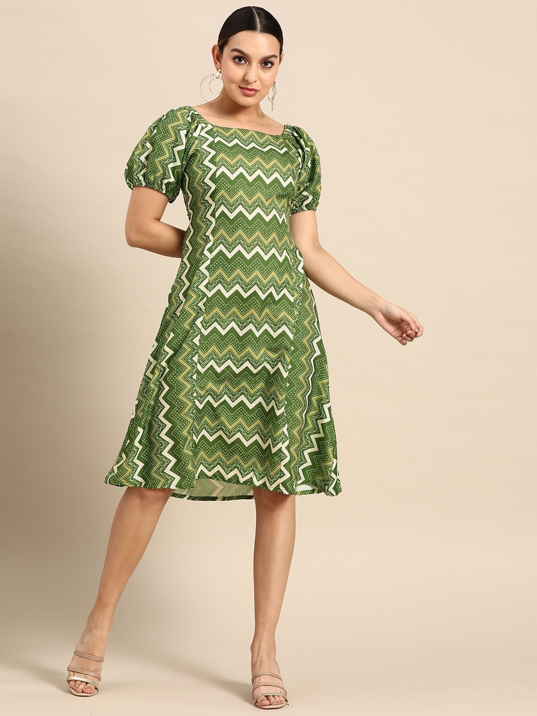 

Anouk Chevron Print Square Neck Cut-Out Back A-Line Dress, Green