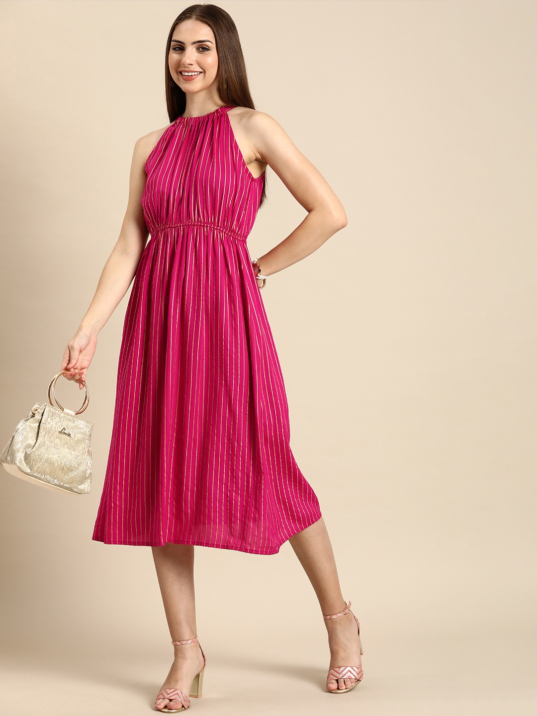 

Anouk Striped A-Line Ethnic Midi Dress With Tie-Up Back Detail, Pink