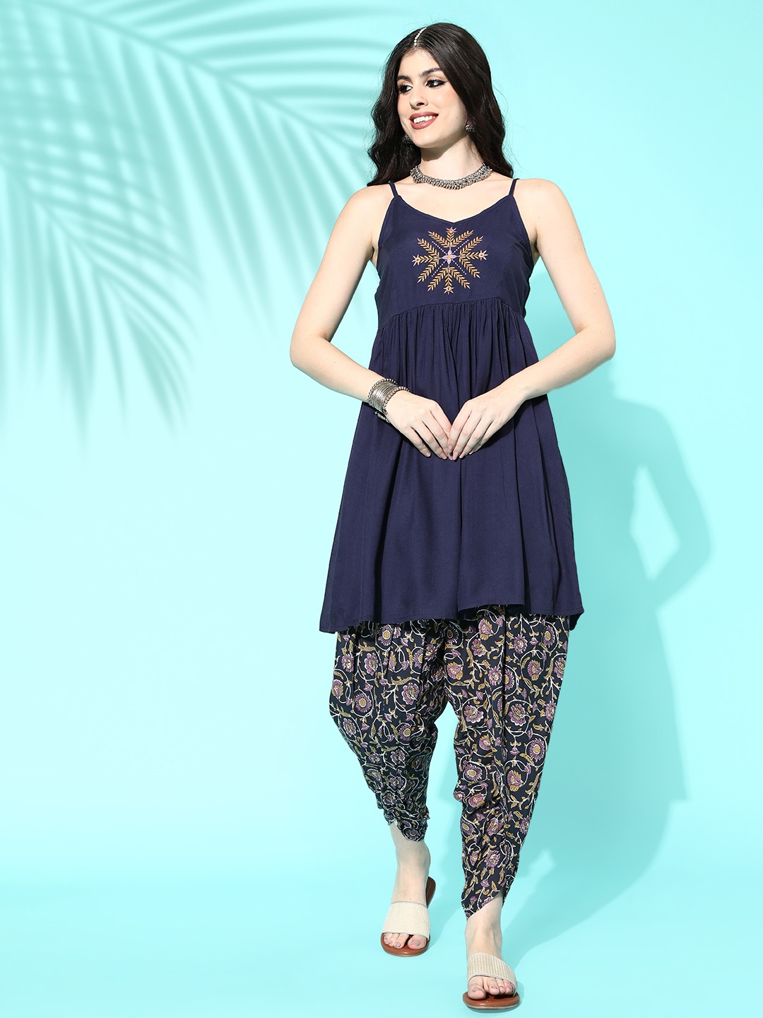 

Anouk Ethnic Motifs Embroidered Pleated Kurti with Dhoti Pants, Navy blue