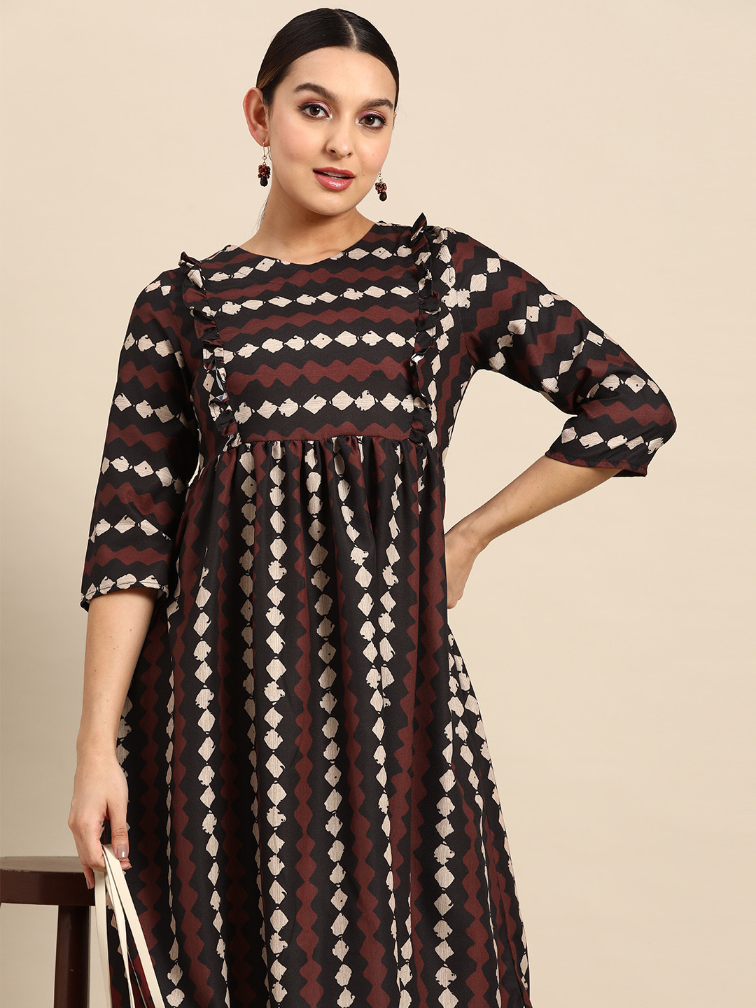 

Anouk V-Neck Frilled Printed A-Line Dress with Gathered Waist, Brown