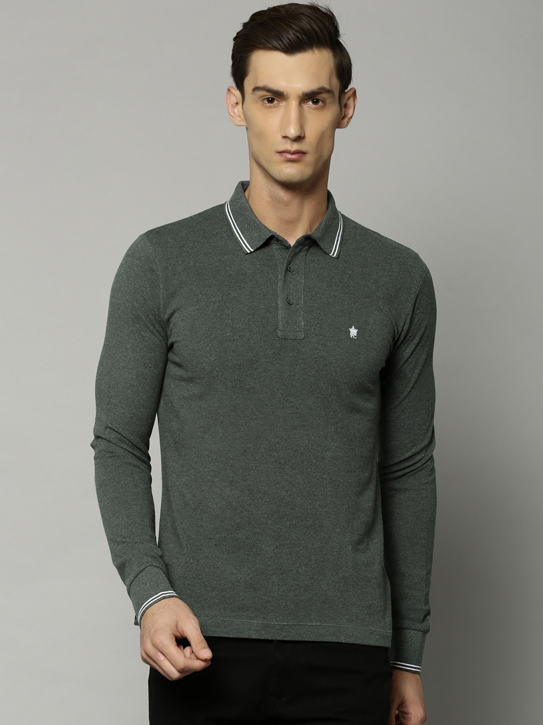 

French Connection Men Charcoal Grey Solid Polo Collar Pure Cotton T-shirt