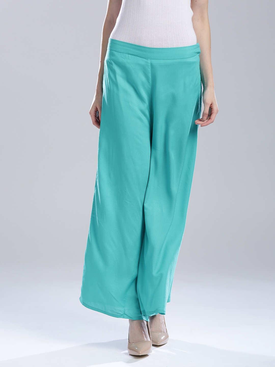 

W Women Blue Flared Solid Palazzos