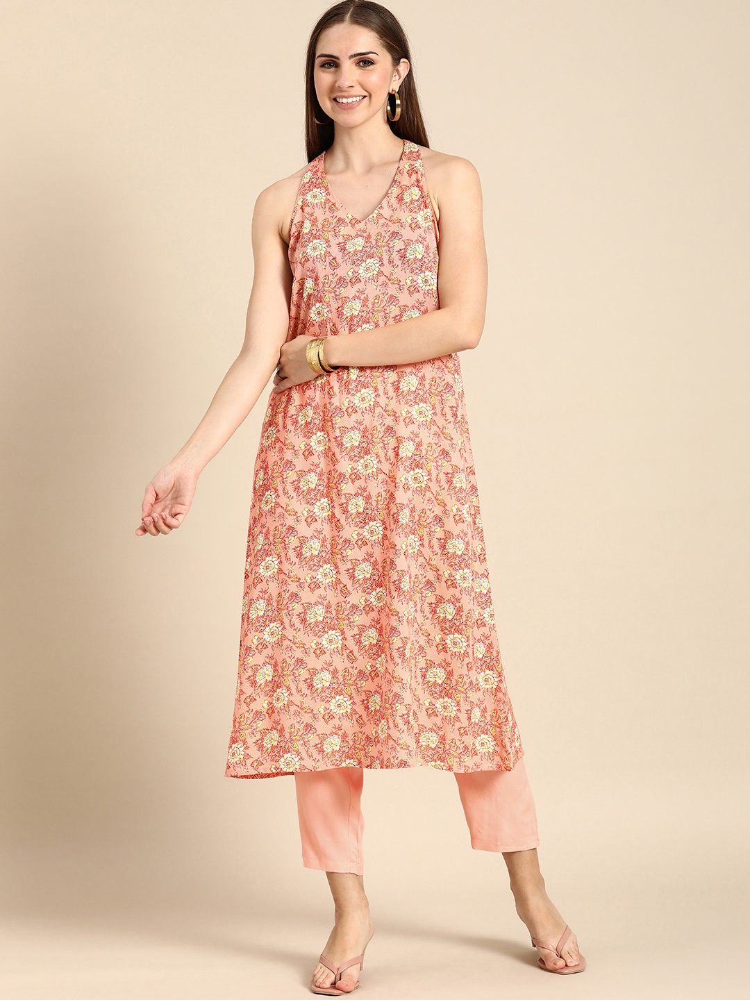 

Anouk Women Floral Printed Regular A-line Kurta with Trousers, Peach