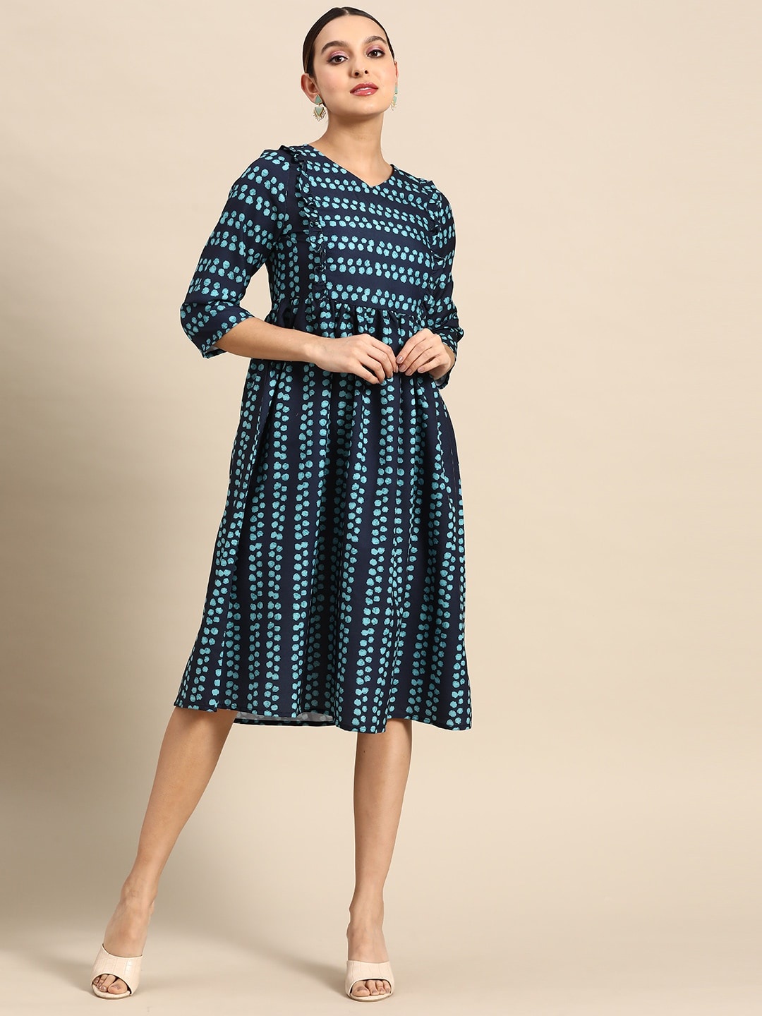 

Anouk V-Neck Frilled Printed A-Line Dress with Gathered Waist, Blue