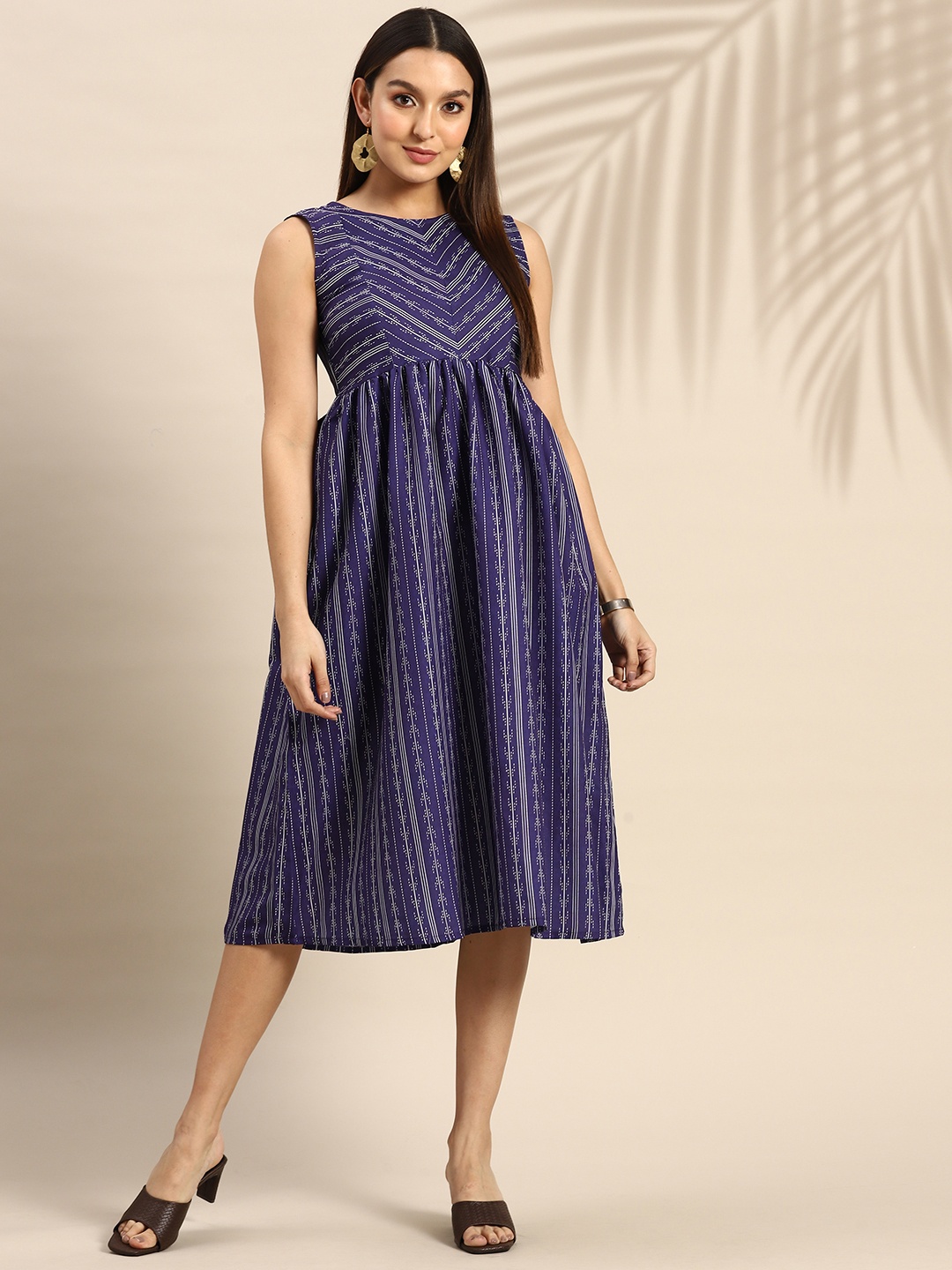 

Anouk Geometric Printed A-Line Ethnic Midi Dress, Navy blue