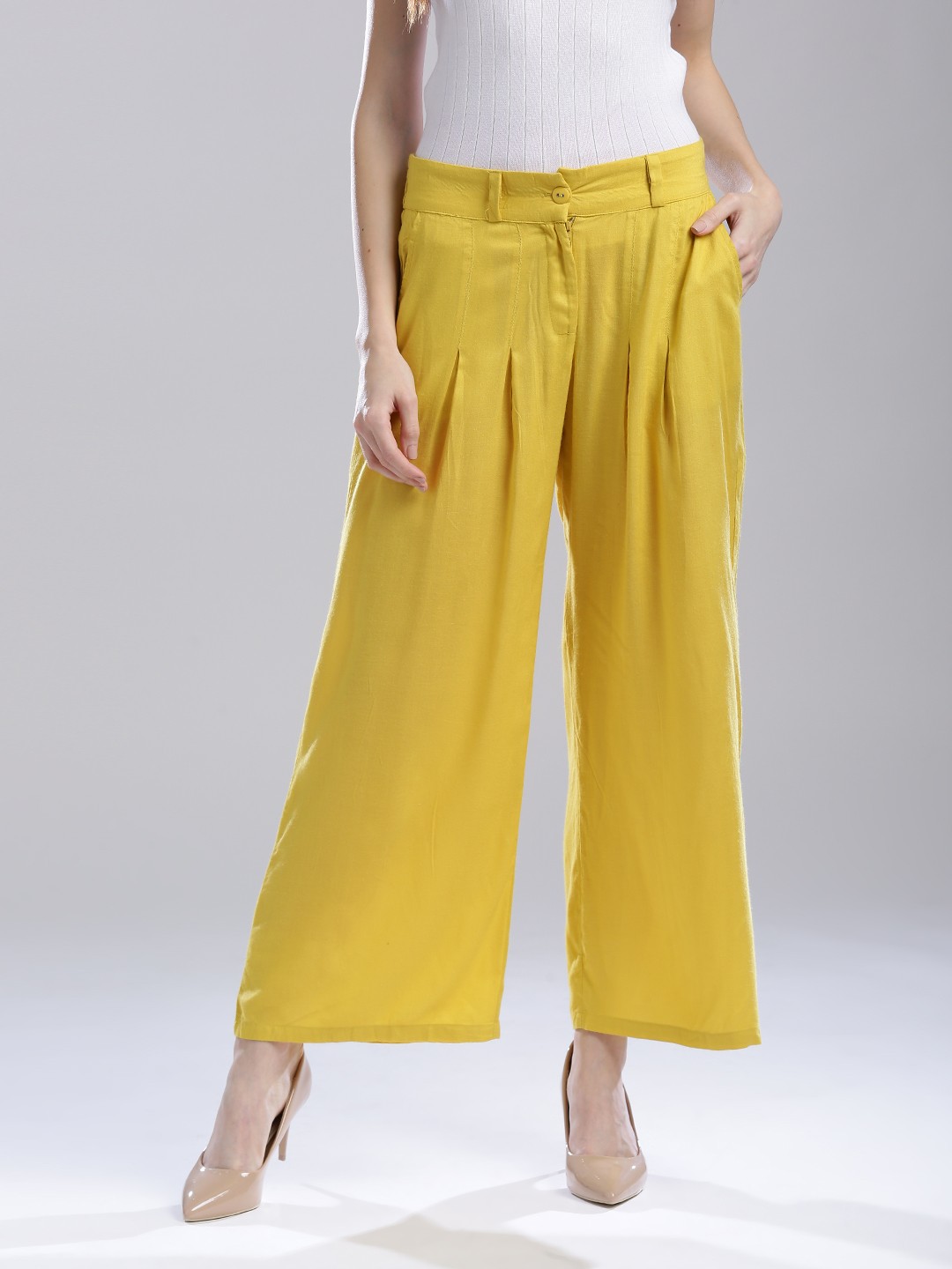 

W Women Yellow Solid Wide Leg Palazzos