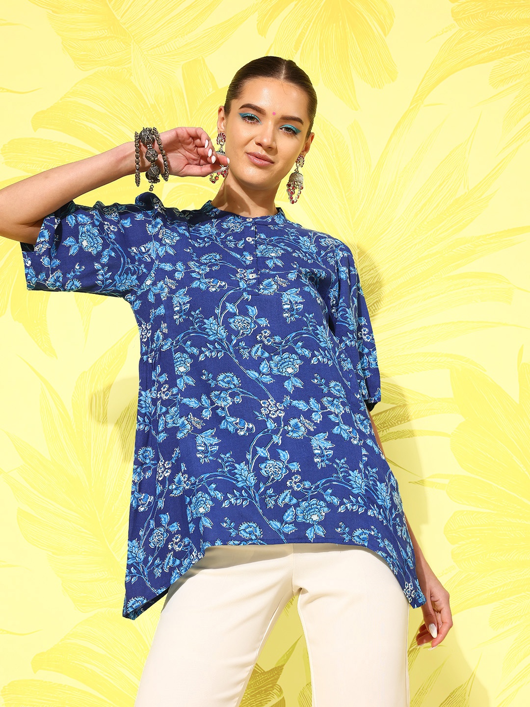 

Anouk Mandarin Collar Printed Ethnic Tunic, Navy blue