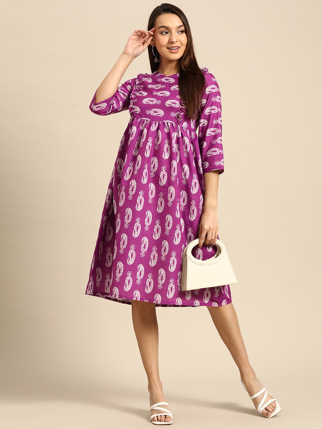 

Anouk Paisley Print Frilled Detail Gathered Waist Midi A-Line Dress, Purple