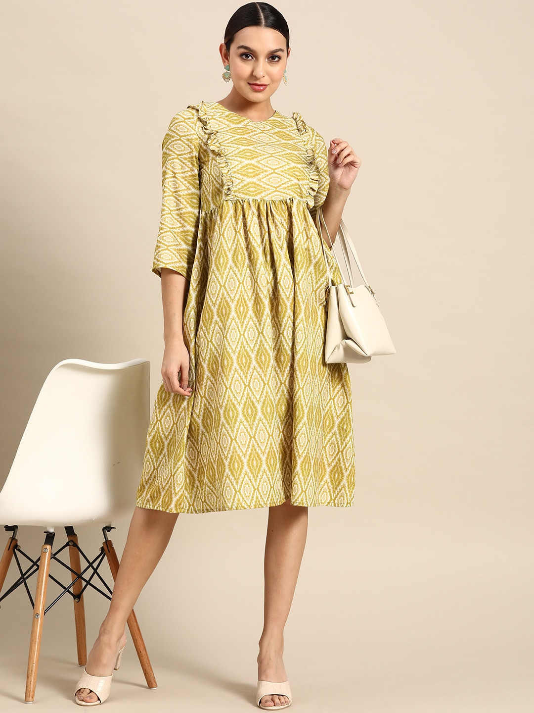 

Anouk V-Neck Frilled Printed A-Line Dress with Gathered Waist, Olive