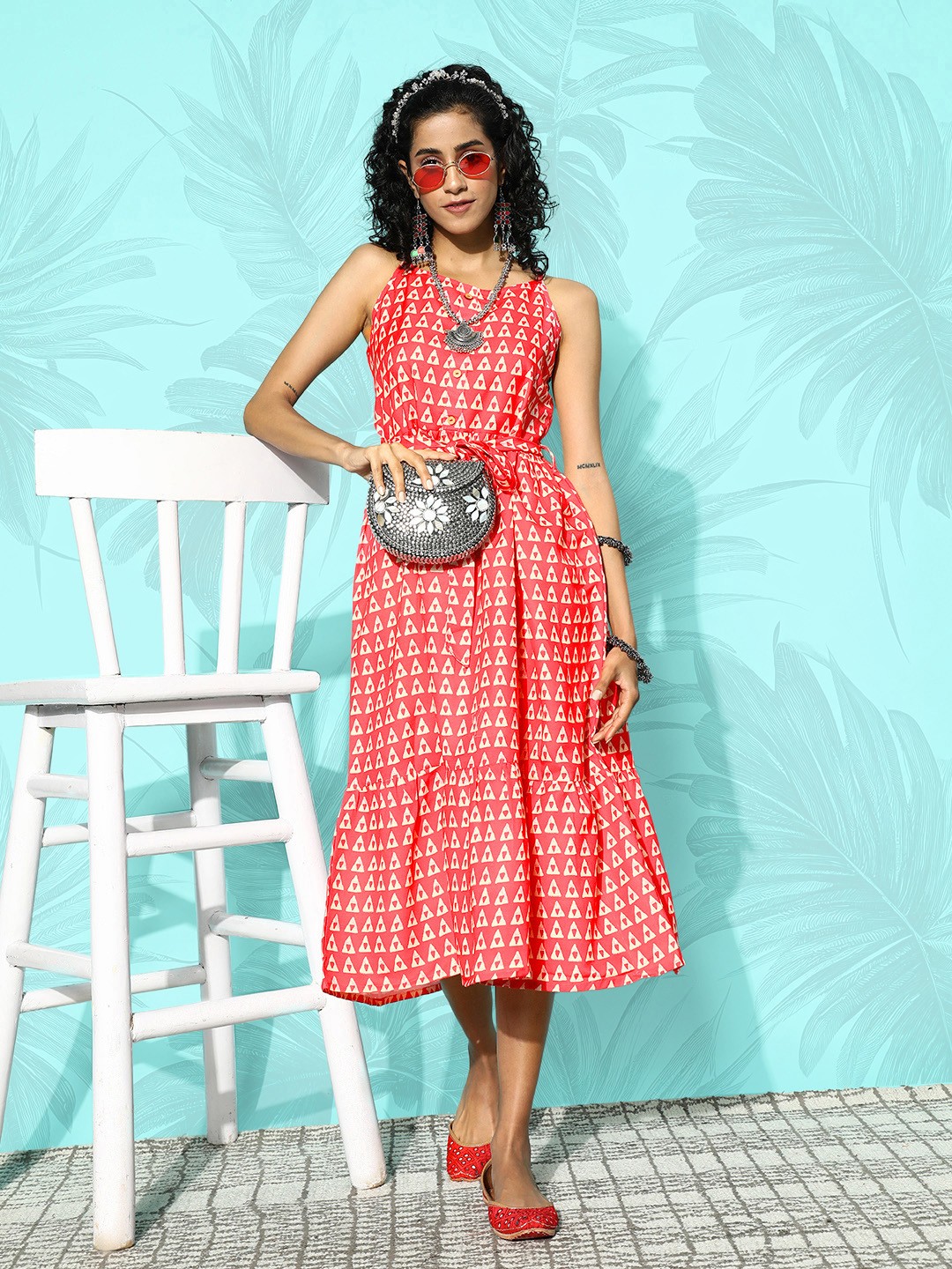

Anouk Coral Red Geometric Print Shoulder Straps Tiered Midi Dress