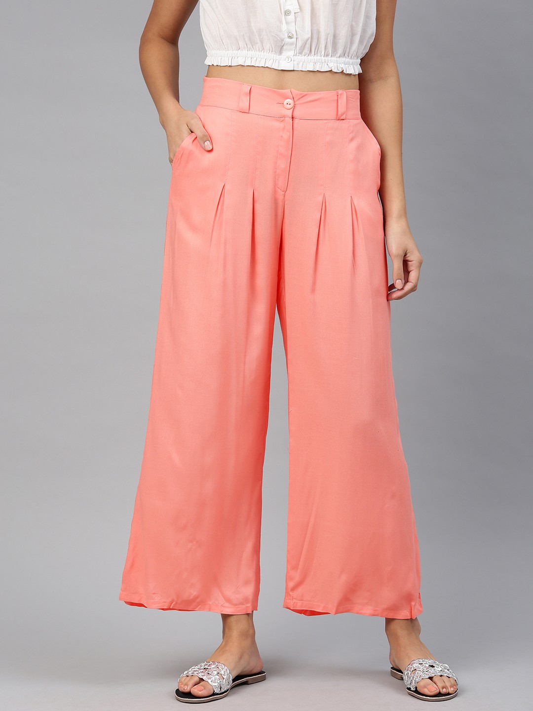 

W Women Peach-Coloured Solid Wide Leg Palazzos